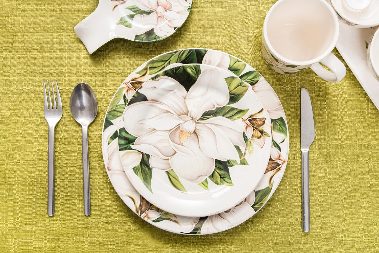 Magnolia Floral Salad Plates Set of 4, 8.75 Inch Ceramic Dessert Plates for Salad, Appetizer, Side Dishes, Microwave and Dishwasher Safe, Gift for Housewarming and Thanksgiving