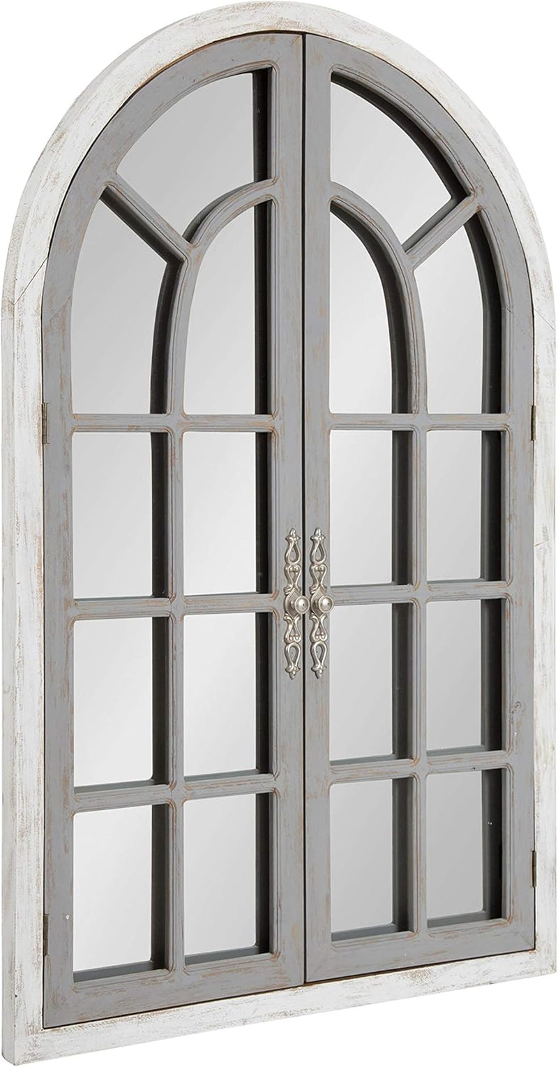 Boldmere Large Traditional Wood Windowpane Arch Mirror, 28X44, Gray and White