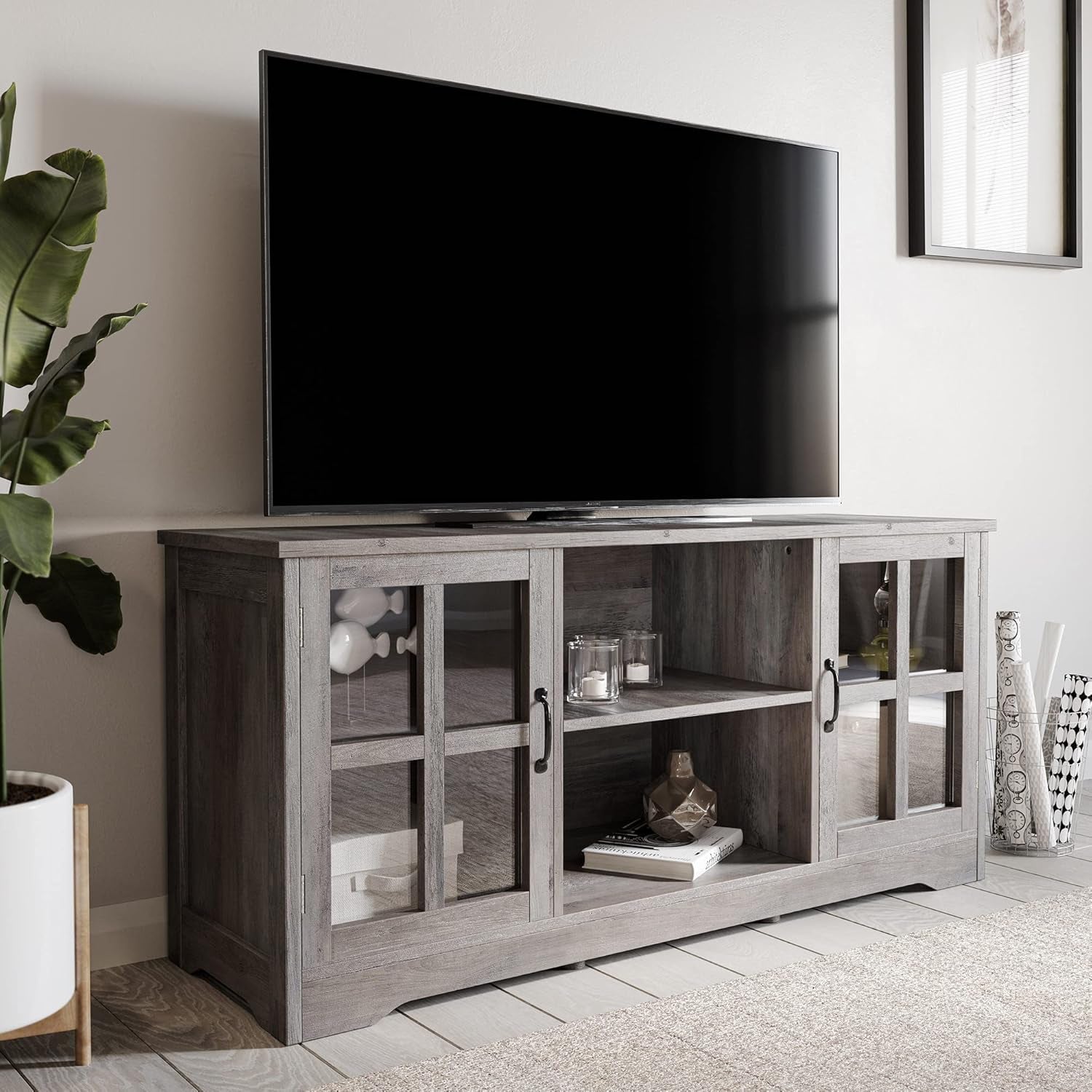 Modern 52 Inch Traditional TV Stand & Media Entertainment Center Console Table for Tvs up to 55 Inch or Sideboard Buffet with Wood Glass Storage Cabinets - Cori (Gray Wash)