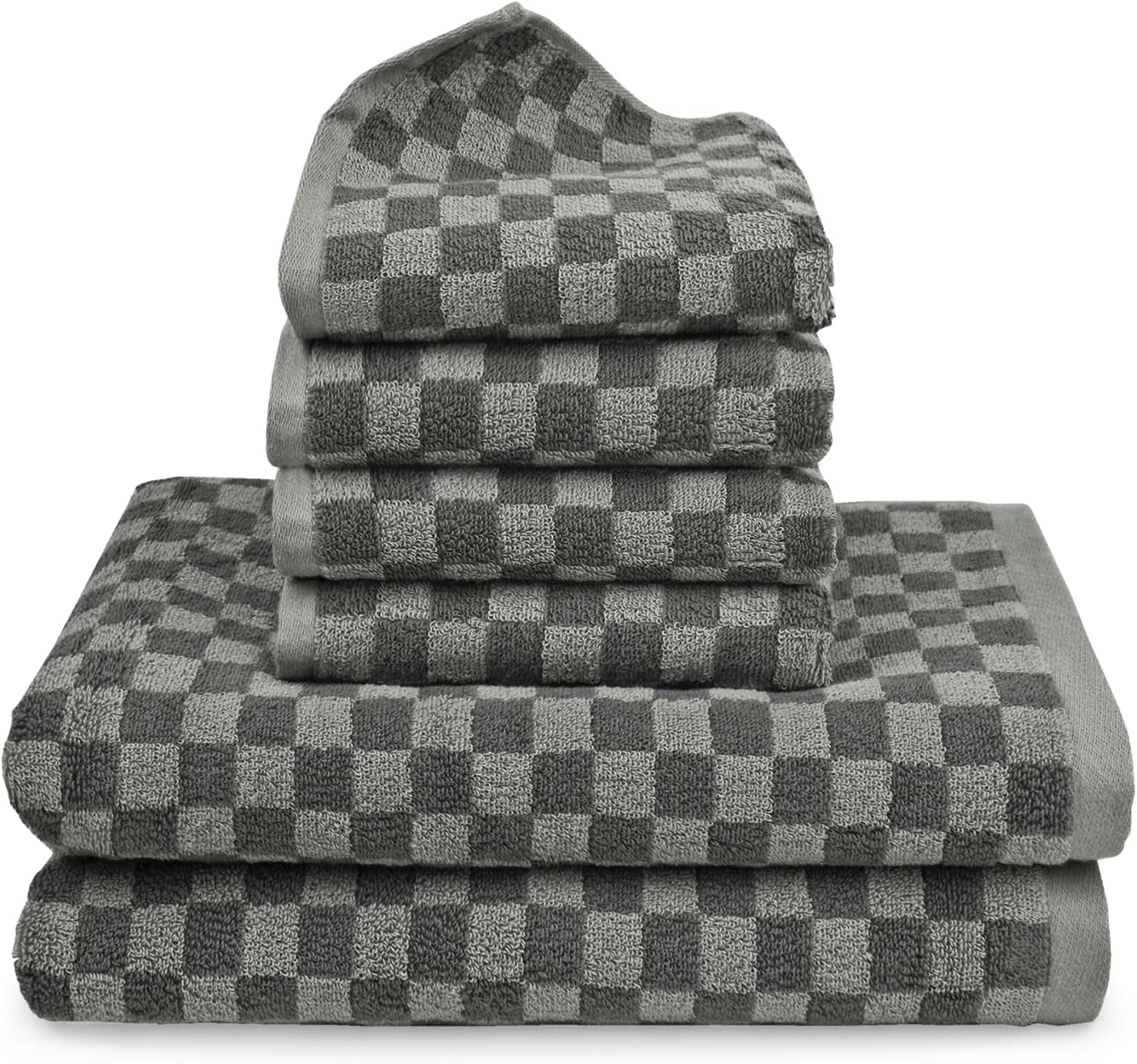 Grey Towels Set of 6, Cotton Towels for Bathroom Quick Drying and Soft, 2 Bath Towels and 4 Hand Towels, Checkered Towel Sets