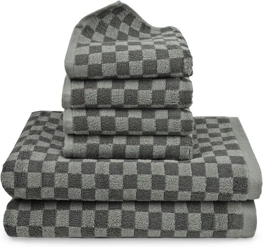 Grey Towels Set of 6, Cotton Towels for Bathroom Quick Drying and Soft, 2 Bath Towels and 4 Hand Towels, Checkered Towel Sets
