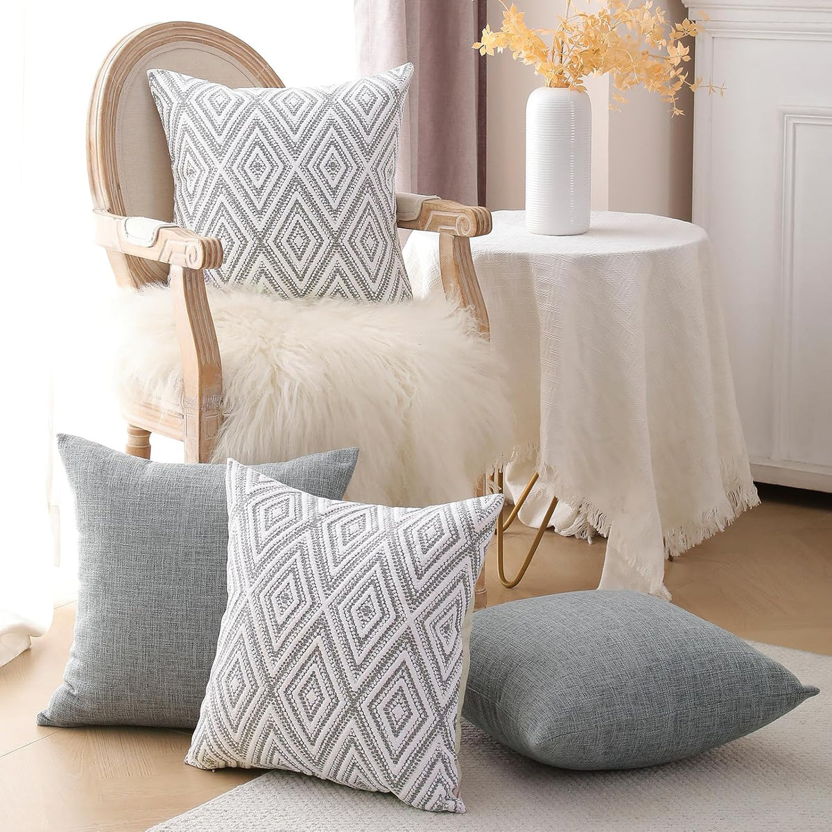 Throw Pillow Covers 18X18, Set of 4, Grey Textured Couch Pillow Covers | Polyester Fabric, Patterned and Solid Designs, Hidden Zippers, Machine Washable, for Sofas and Beds, Inserts Not Included