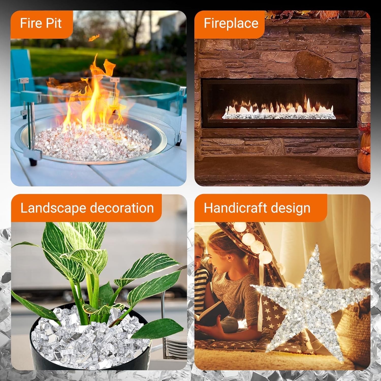 Fire Glass for Gas Fireplace 10 Pounds Fire Glass for Fireplace Fire Pit Glass Rock 1/2 Inch Clear Reflective Tempered Safe for Outdoors and Indoors Propane Fire Pit Table, Clear White