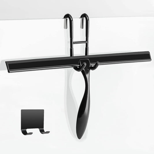 14-Inch Shower Squeegee Set, Includes Shower Door Hook and Adhesive Hook, Squeegee for Shower Doors, Mirror and Window, Black