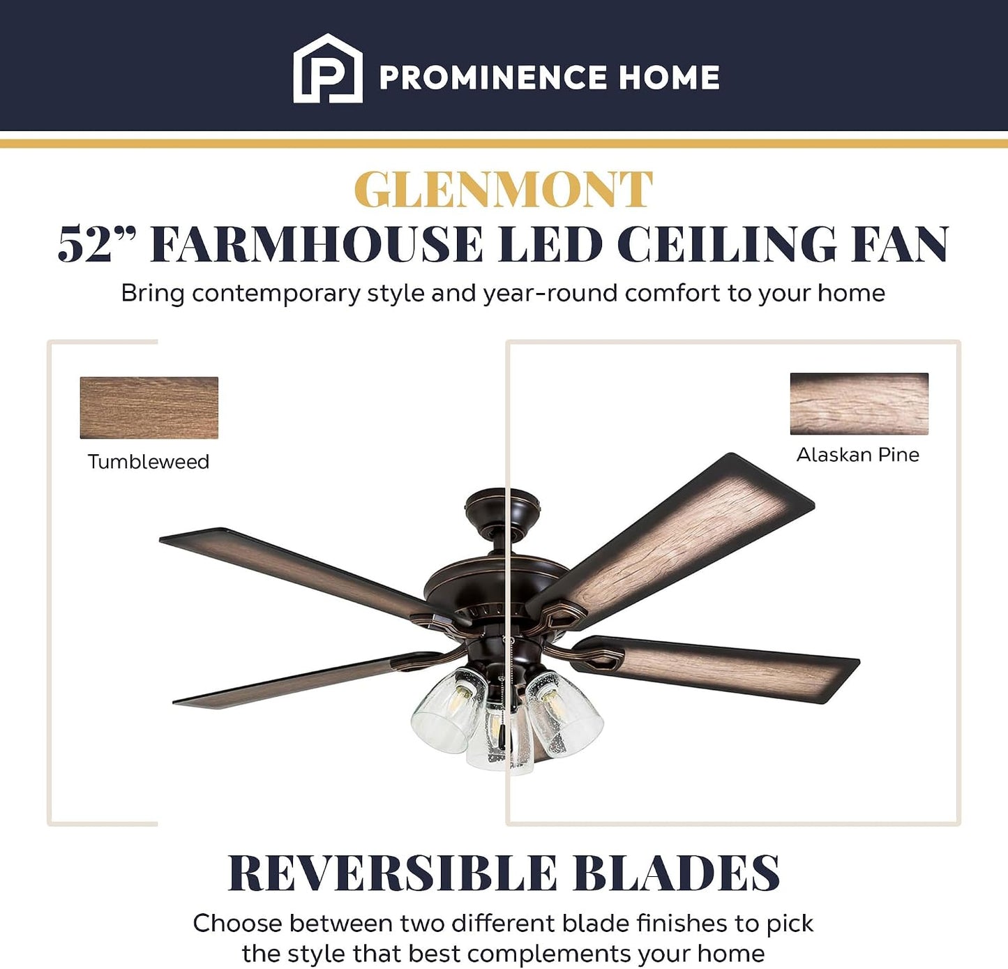 Glenmont, 52 Inch Farmhouse LED Ceiling Fan with Light, Pull Chain, Three Mounting Options, Dual Finish Blades, Reversible Motor - 40278-01 (Oil-Rubbed Bronze)
