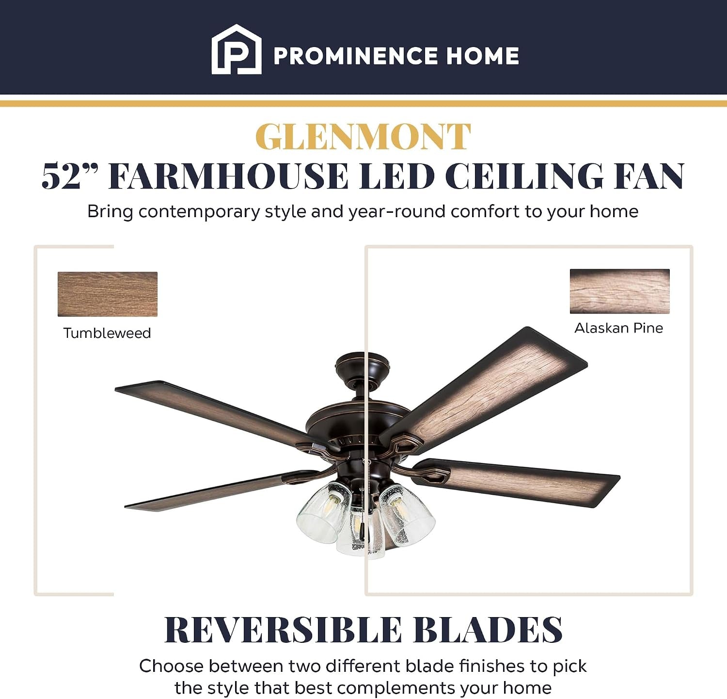 Glenmont, 52 Inch Farmhouse LED Ceiling Fan with Light, Pull Chain, Three Mounting Options, Dual Finish Blades, Reversible Motor - 40278-01 (Oil-Rubbed Bronze)