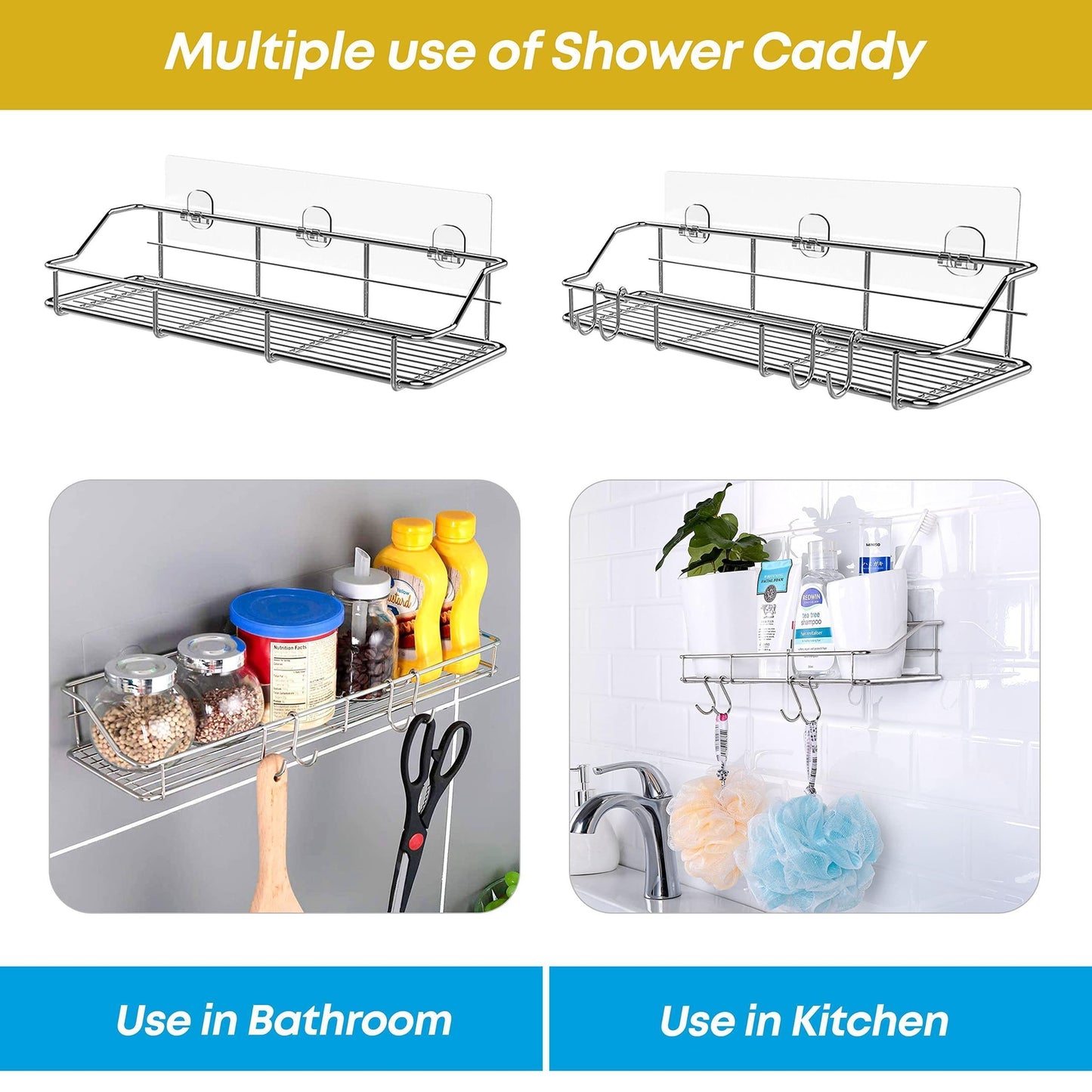 2 Pack Silver Adhesive Shower Caddy Shower Shelf Organizer for Bathroom Organization with Hooks SUS304 Stainless Steel