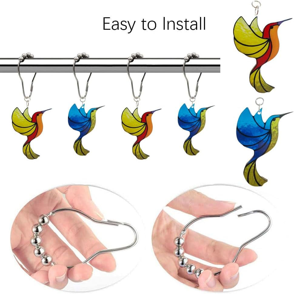 12Pcs Hummingbird Shower Curtain Hooks, Rust-Resistant Shower Ring