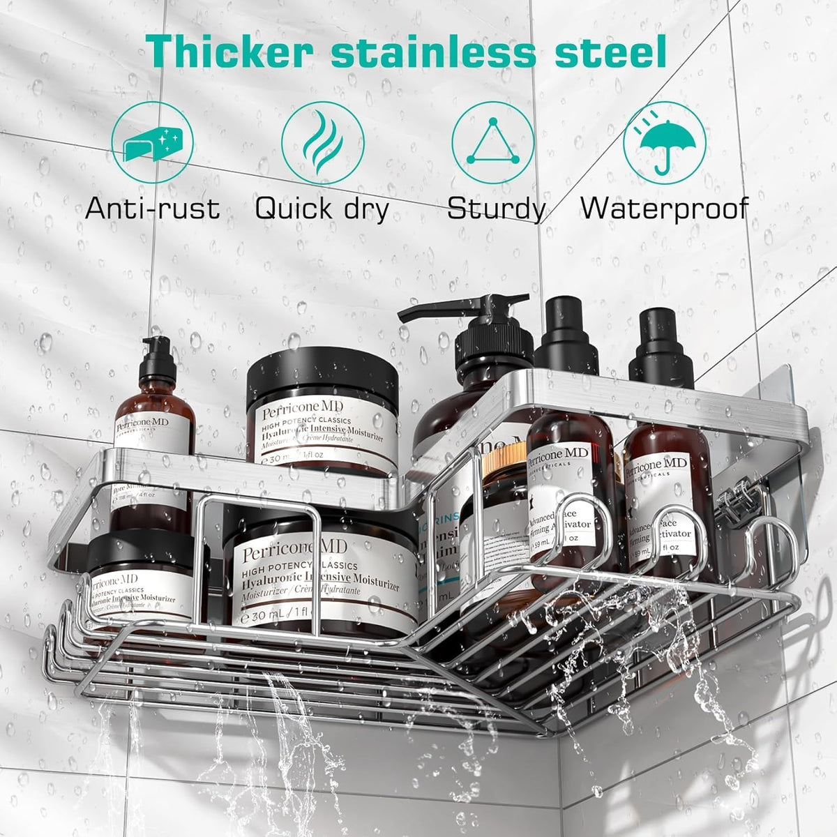 Corner Adhesive Shower Caddy, with Soap Holder and 12 Hooks, Rustproof Stainless Steel Bathroom Organizer, No Drilling Wall Mounted Rack, Brushed Silver, 3-Pack