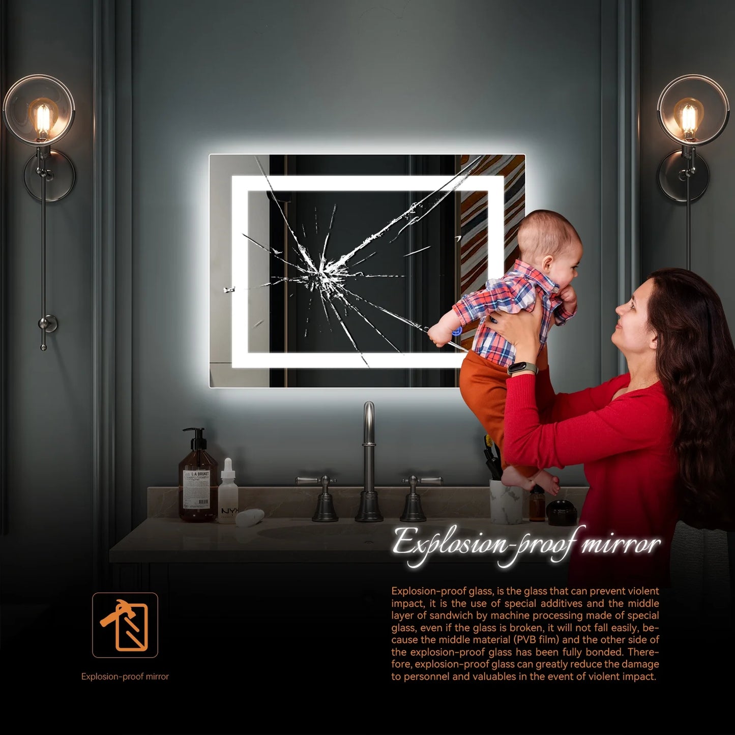 28X20 Inch LED Lighted Bathroom Mirror Silvered Wall Mounted Mirror with Touch Button,Anti Fog and IP67 Waterproof Square Mirror