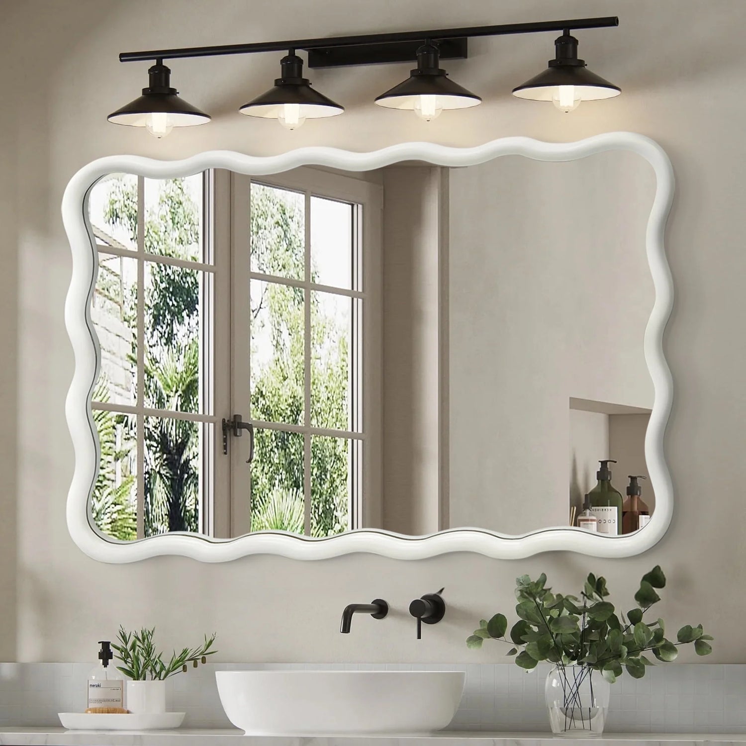 Wavy Mirrors Wall Mirror, 30"X20" Bathroom Mirror Wood Framed, White