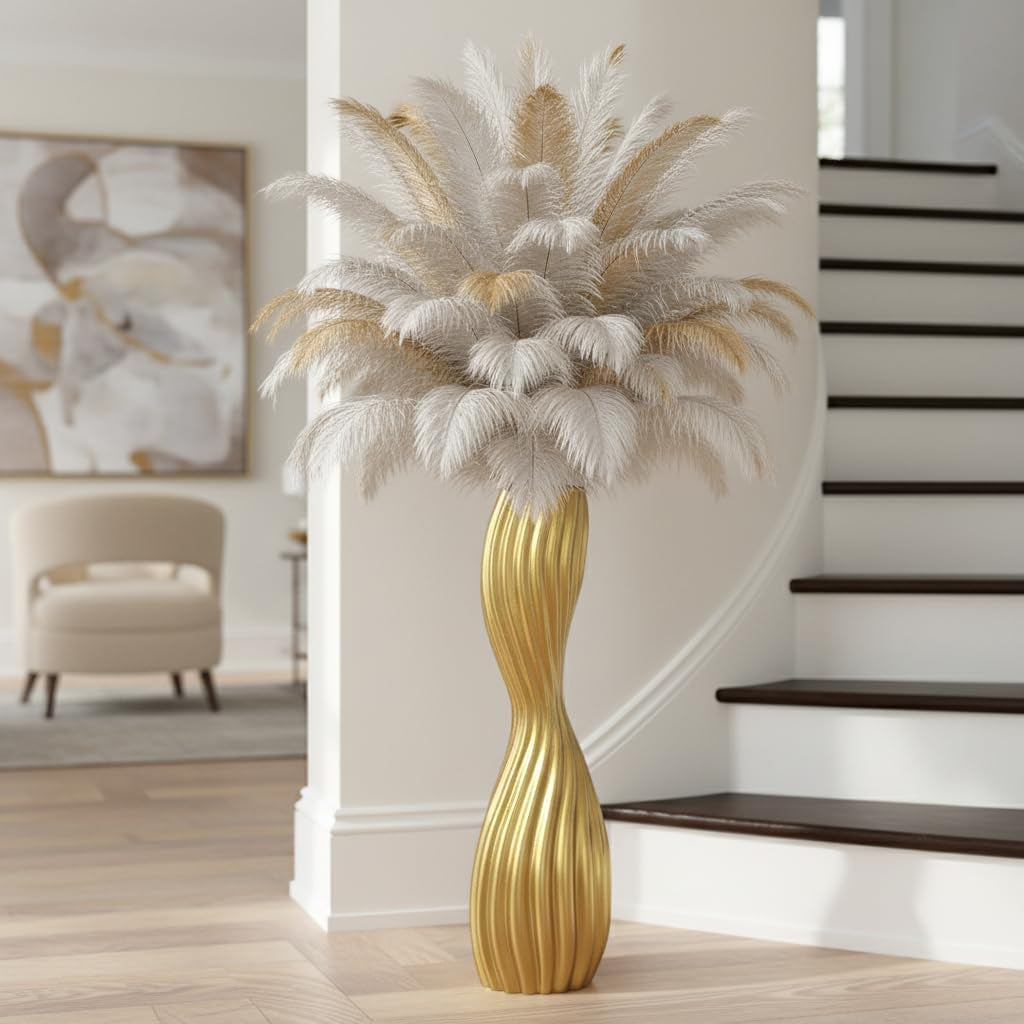 Golden S-Curve Floor Vase, 24 Inch Tall Striped Resin Vases for Home Decor, Large Sturdy Vases with Weighted Base for Dried Pampas Grass, Tall Floor Vase for Living Room, Office & Bedroom