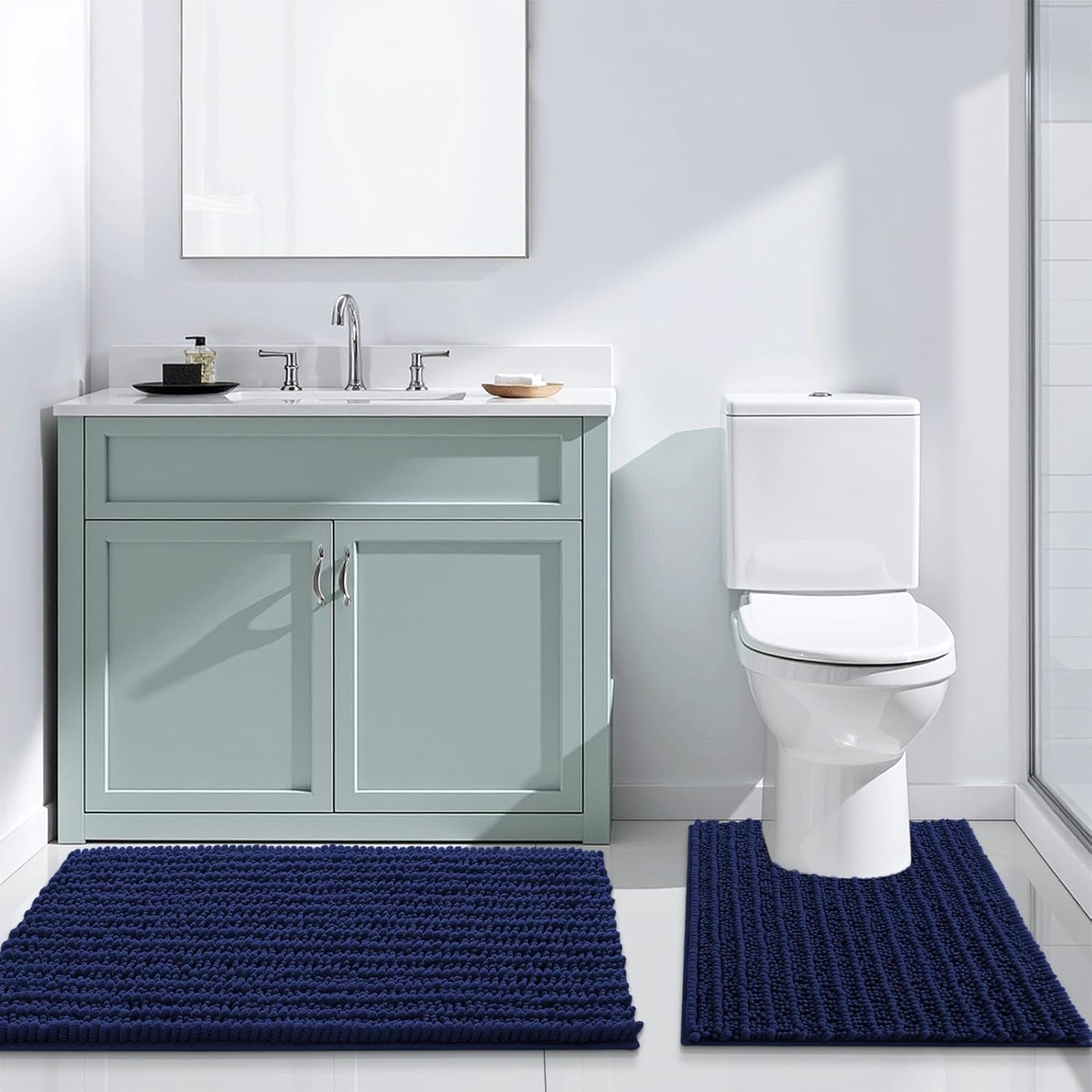 Luxury Chenille Bathroom Rug Mat, Extra Soft Thick Absorbent Shaggy Bath Rugs, Non-Slip Machine Wash Dry, Plush Bath Mats for Bathroom, Shower and Tub, 24X16, Navy
