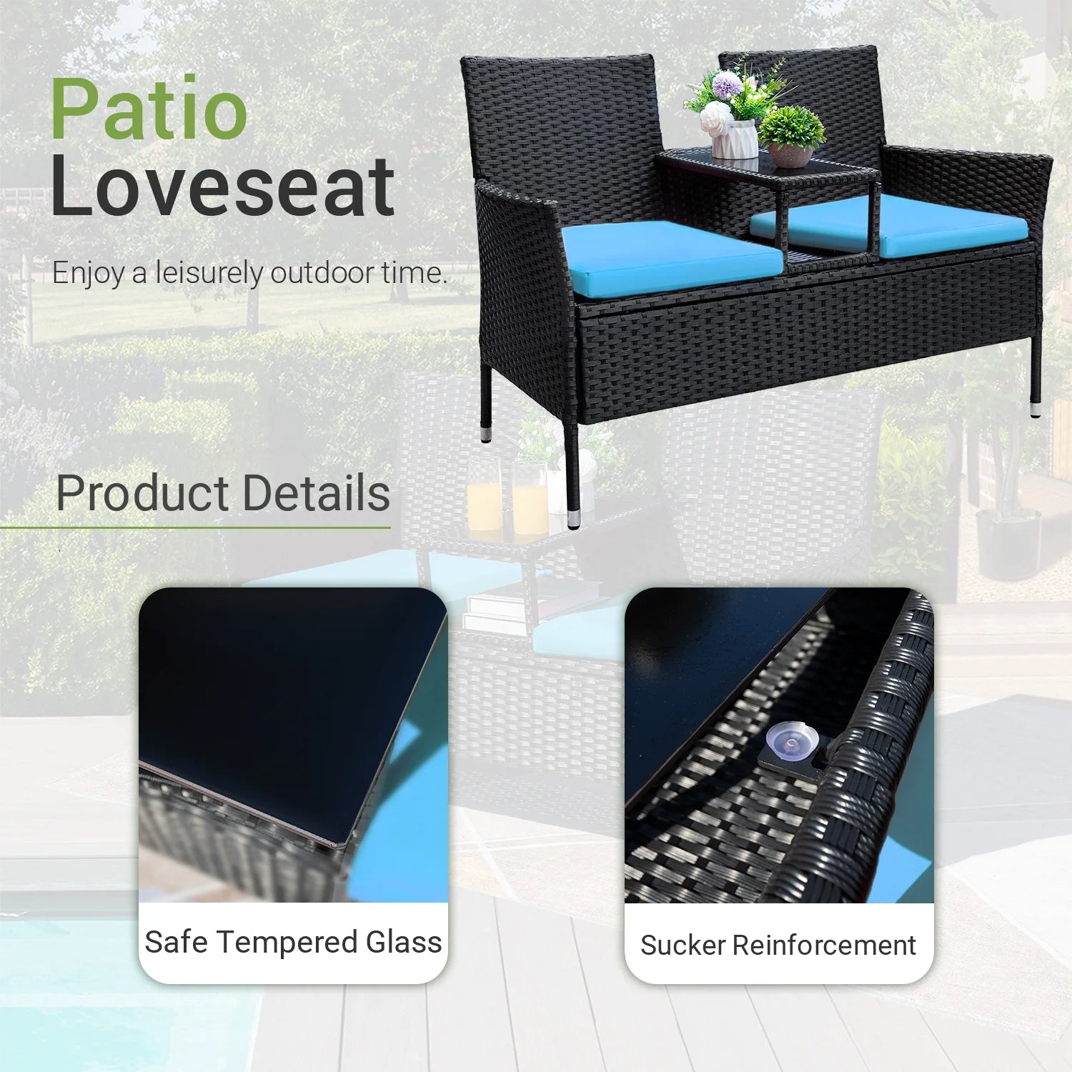 Outdoor Patio Loveseat Rattan Patio Conversation Furniture Set with Coffee Table, Blue