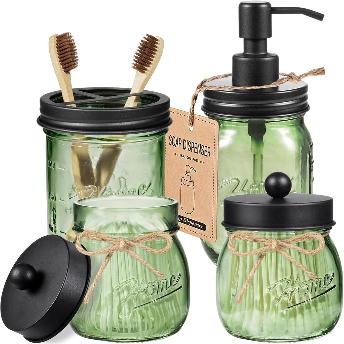 4PCS Bathroom Accessories Set, Green Glass Organizer Sets, Black | Lotion Soap Dispenser, Toothbrush Holder, 2 Qtip Holders, Rustic Farmhouse Decor for Countertop, Vanity, Bathroom Essentials