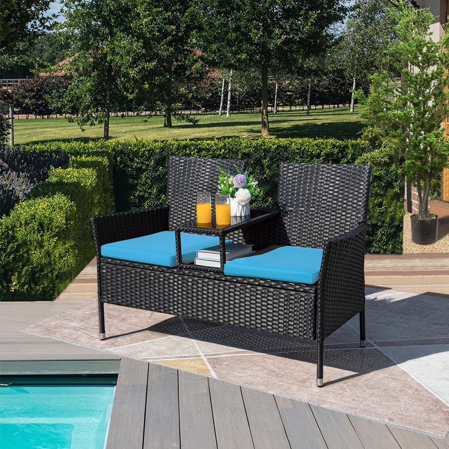 Outdoor Patio Loveseat Rattan Patio Conversation Furniture Set with Coffee Table, Blue