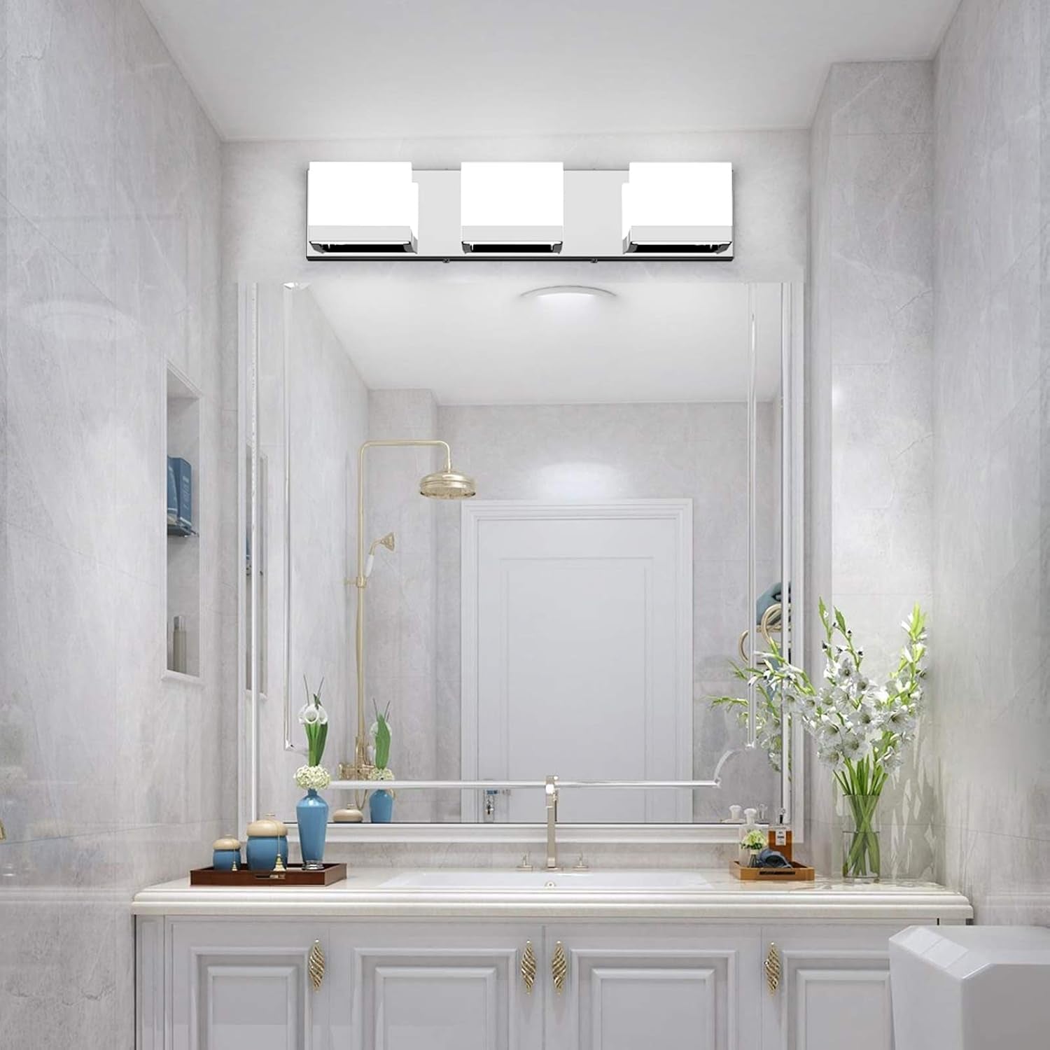 Modern 3 Lights LED Vanity Light for Bathroom up and down Chrome Bathroom Wall Light Fixtures over Mirror(White Light 6000K)