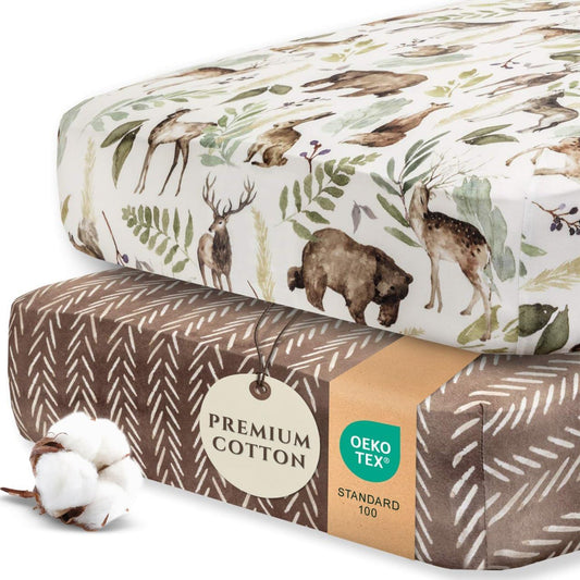 2 Pack Fitted Crib Sheets for Boys - Premium Cotton Blend Baby Woodland Crib Sheet Set, Soft Breathable Toddler Bed Sheets for Standard Mattress, Woodland Nursery Bedding 52X28 (Wildlife)