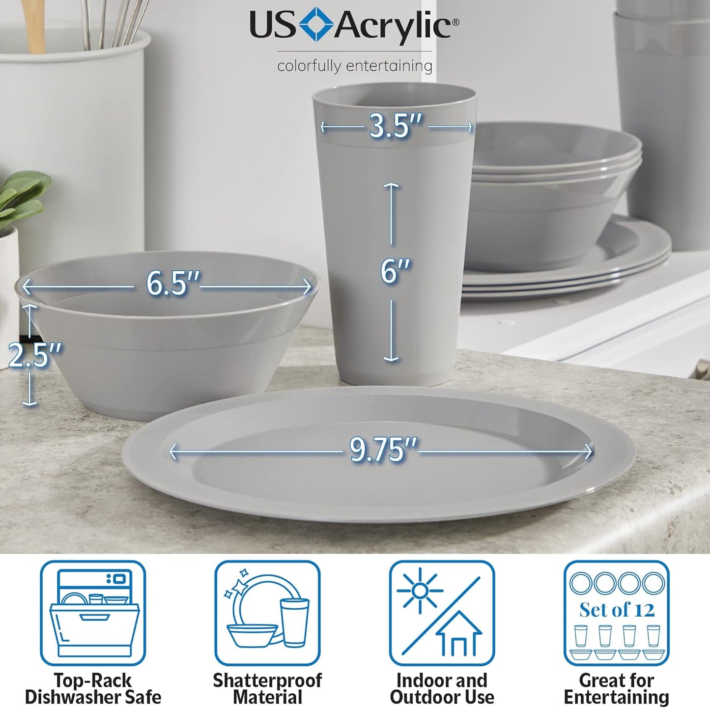 Newport Plastic Plate, Bowl and Tumbler Dinnerware Set for 4 in Grey Stone | 12-Piece Drinking and Dining Set | Reusable, Bpa-Free, Made in the USA, Top-Rack Dishwasher Safe
