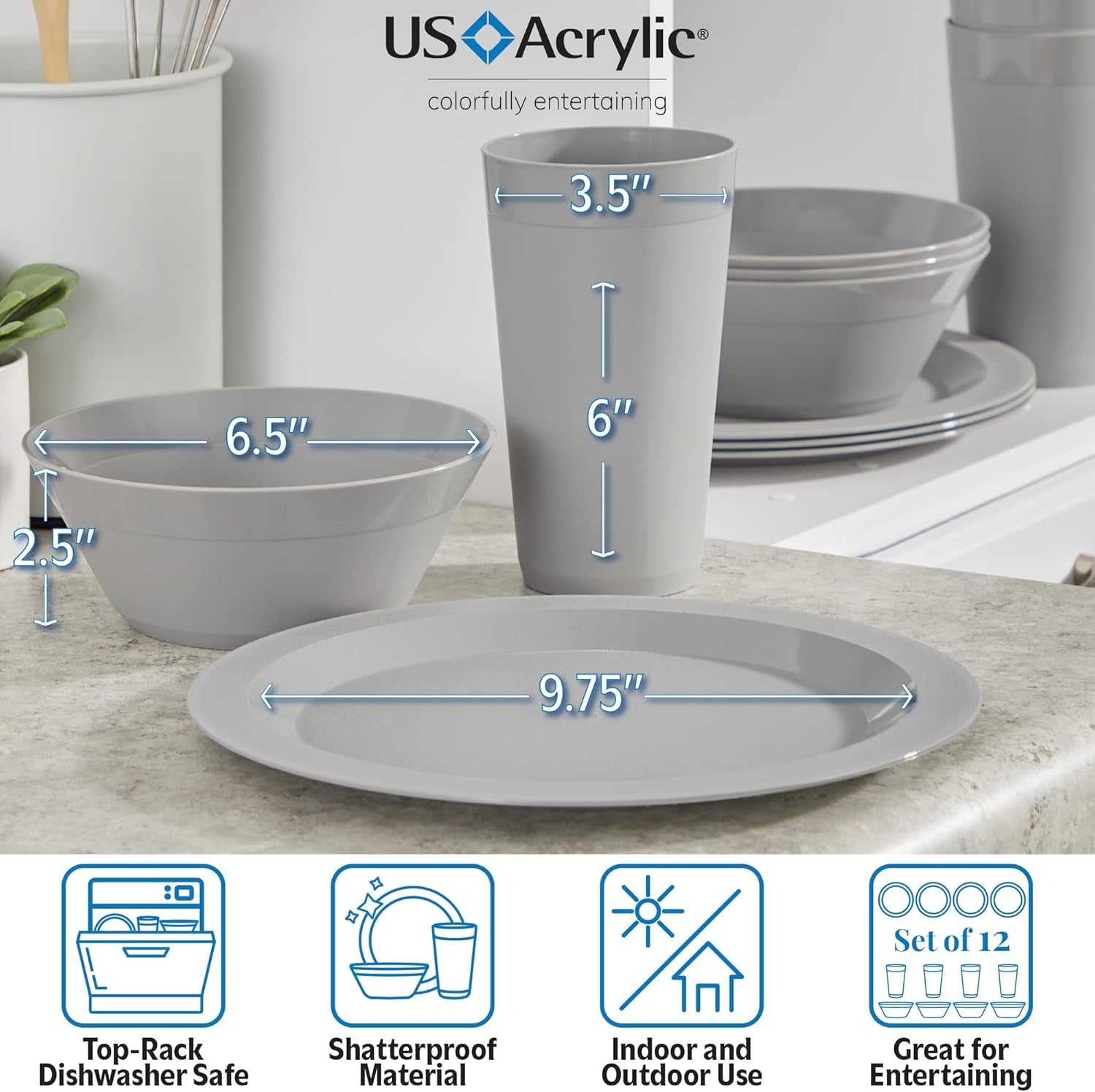 Newport Plastic Plate, Bowl and Tumbler Dinnerware Set for 4 in Grey Stone | 12-Piece Drinking and Dining Set | Reusable, Bpa-Free, Made in the USA, Top-Rack Dishwasher Safe