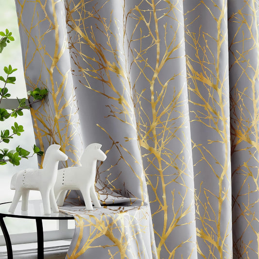 100% Blackout Curtains for Bedroom, Curtains 84 Inches Long Gold on Grey Tree Curtains for Living Room, Gold Foil Room Darkening Thermal Insulated Branch Curtain, 2 Panels Grommet Top