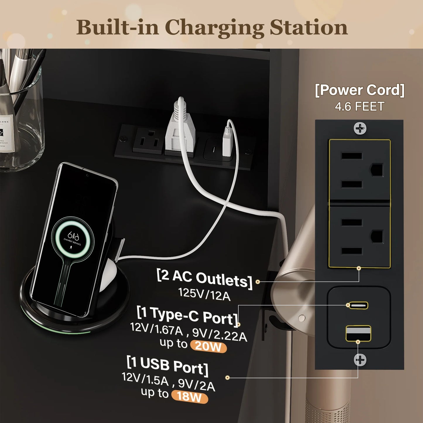 Makeup Vanity with Mirror and Drawers Vanity Desk Set with 3 Modes Adjustable Brightness Lights and USB Power Outlet, Black