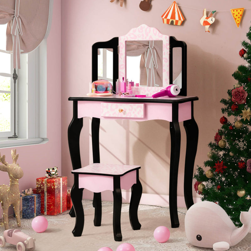 Kid Vanity Set with Tri-Folding Mirror and Leopard Print