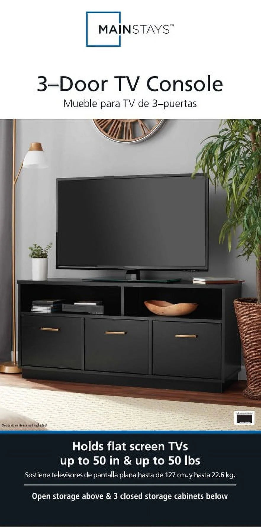 3-Door TV Stand Console for Tvs up to 50", Blackwood Finish