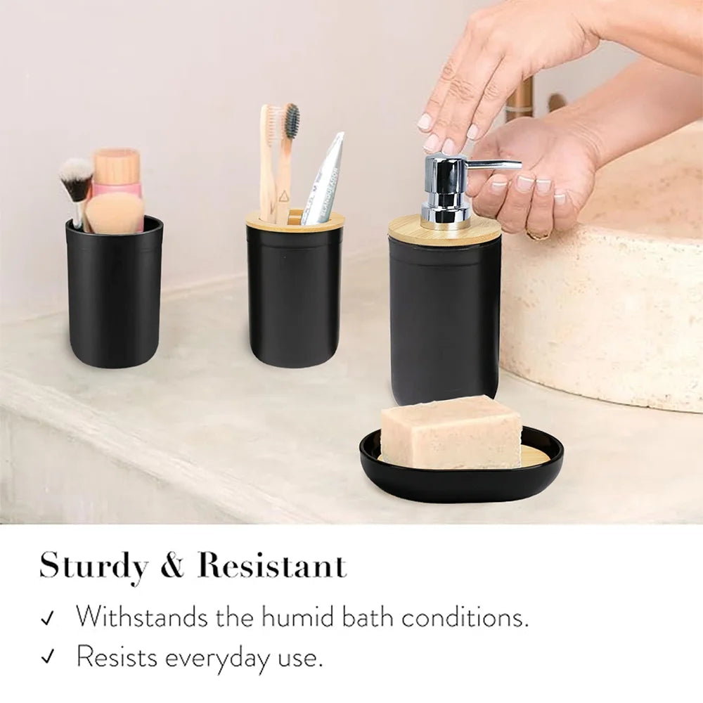 Bathroom Soap Toothbrush Holder Dish Set, Elegant 6-Piece Bamboo & Plastic Accessories, Black