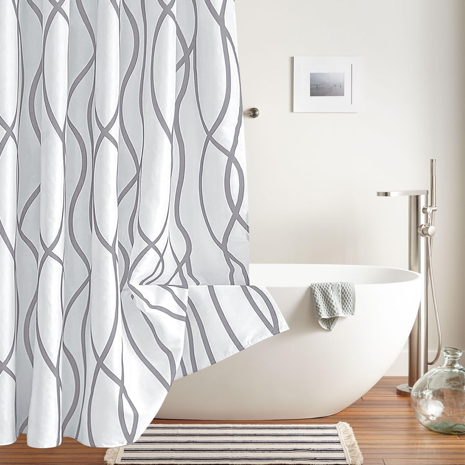Textured Fabric Shower Curtain 72 Inches by 72 Inches, Silver Grey Striped Printed Linen Modern Hotel Luxury Quality Cloth Bathroom Curtains Machine Washable