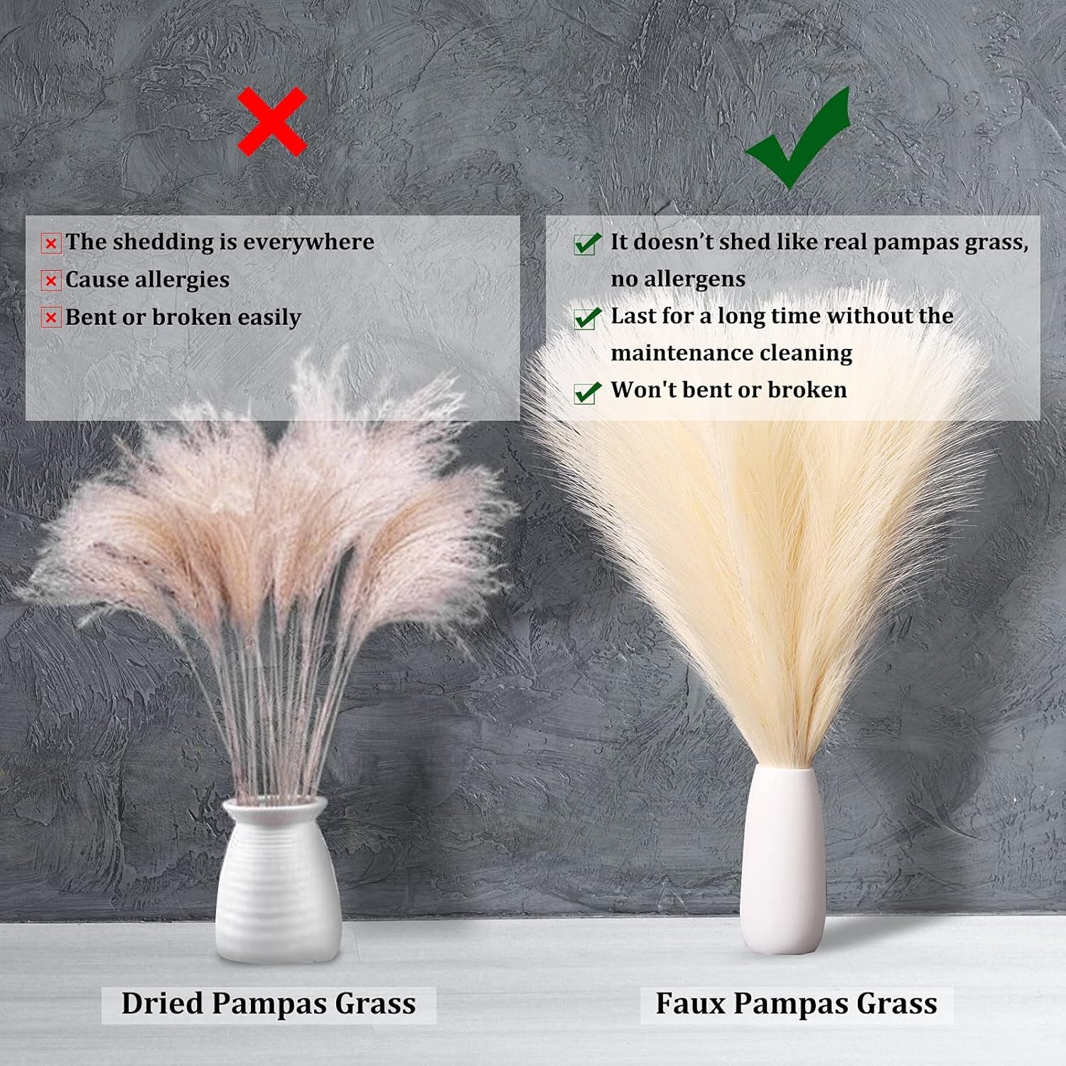 Faux Pampas Grass, 18"/45Cm Artificial Pampas Grass Fluffy 6 Stem Pompous Grass Flower Arrangement for Boho Home Wedding Decoration(Grey)