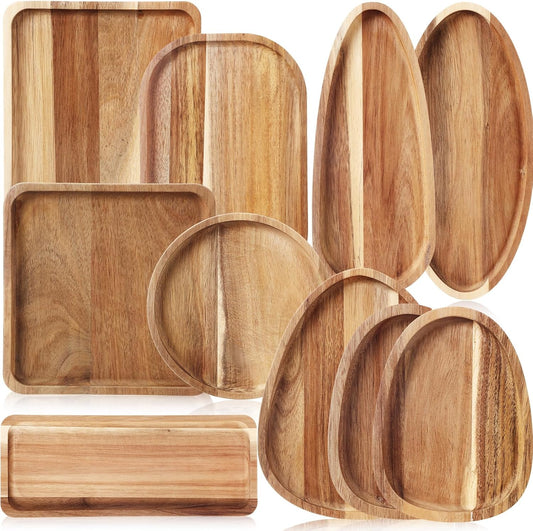 Set of 10 Acacia Wood Serving Platter and Trays Multi Shape Wood Plates Serving Tray Acacia Wooden Charcuterie Board for Cookie Dessert Coffee Wedding Housewarming Gift(Classic Style)