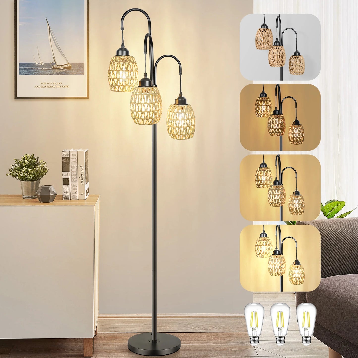 69'' Tree Floor Lamp for Living Room Clearance, 3 Light Dimmable Tall Standing Lamp with Rattan Lampshade, Farmhouse Floor Lamp with 3 LED Bulbs for Bedroom Office, Boho