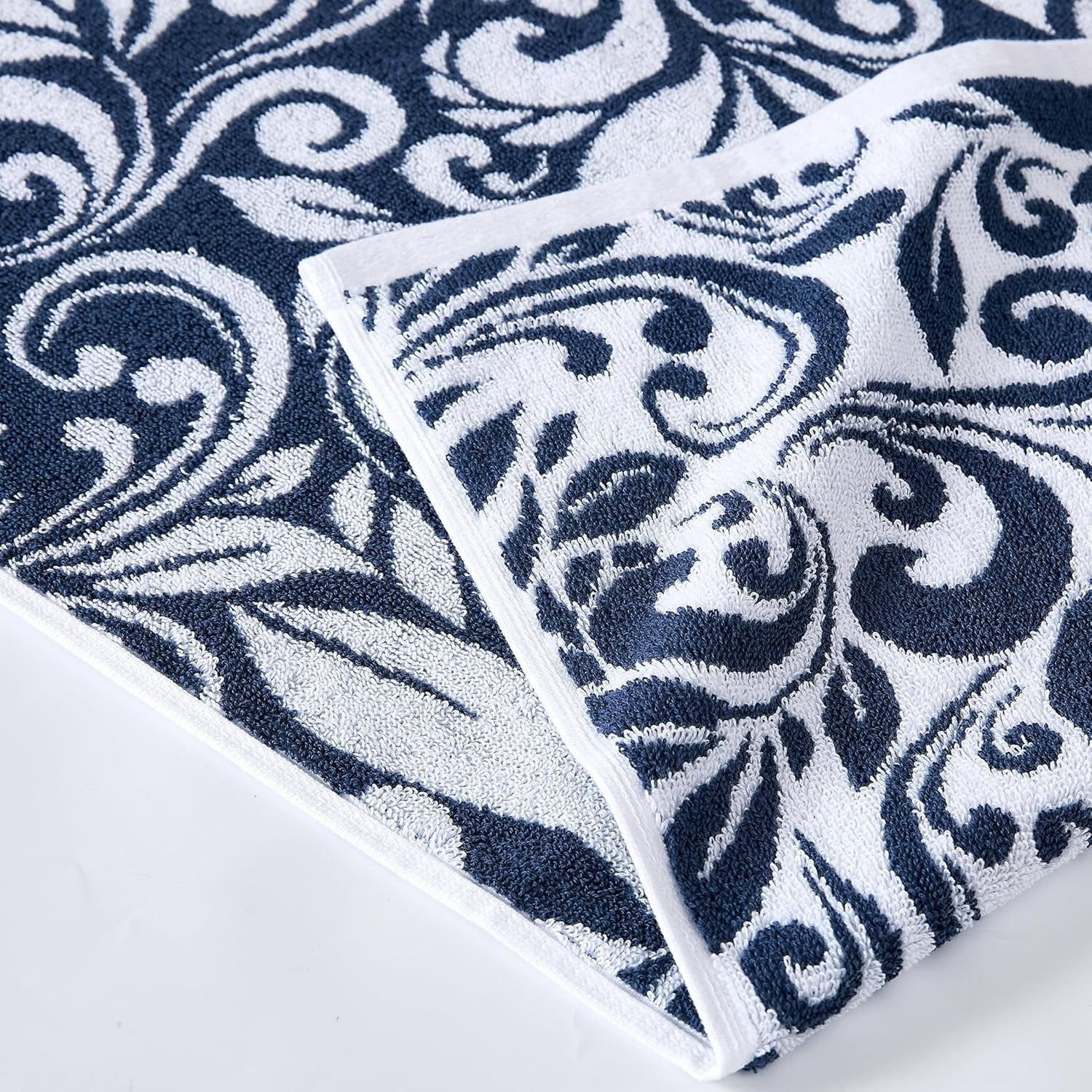 Trefoil Filigree 6-Piece 100% Cotton Towel Set – Reversible Yarn Dyed Jacquard – Includes 2 Bath Towels, 2 Hand Towels, 2 Washcloths – Absorbent, Quick Dry, Soft & Durable – Navy Blue