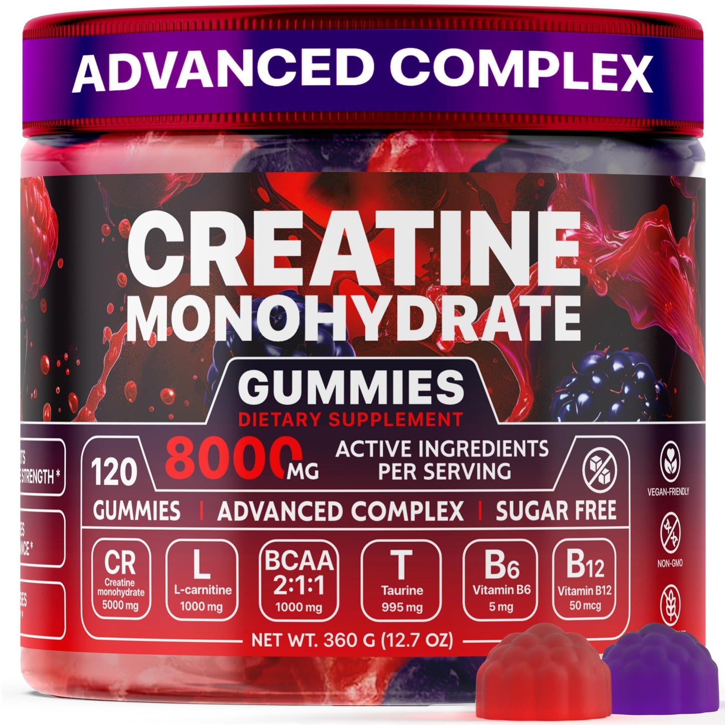 Creatine Monohydrate Gummies 8000 Mg Raspberry Blackberry Flavored Complex with L Carnitine Taurine B Vitamins 120 Soft Chews Vegan Sugar Free Pre Workout Gummies for Men & Women