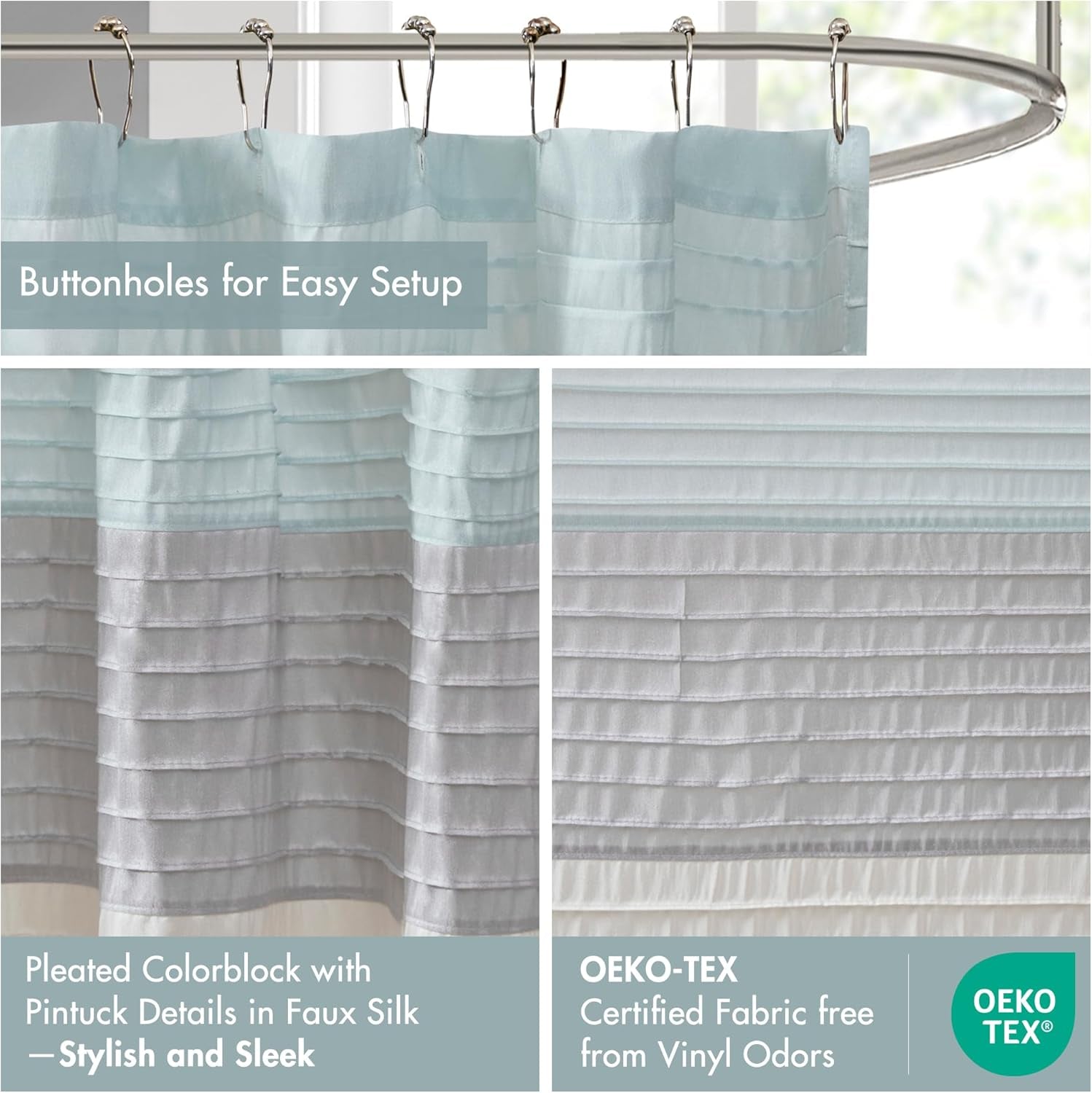 Amherst Bathroom Shower Curtain Faux Silk Pieced Striped Modern Microfiber Bath Curtains, 72X72 Inches, Aqua