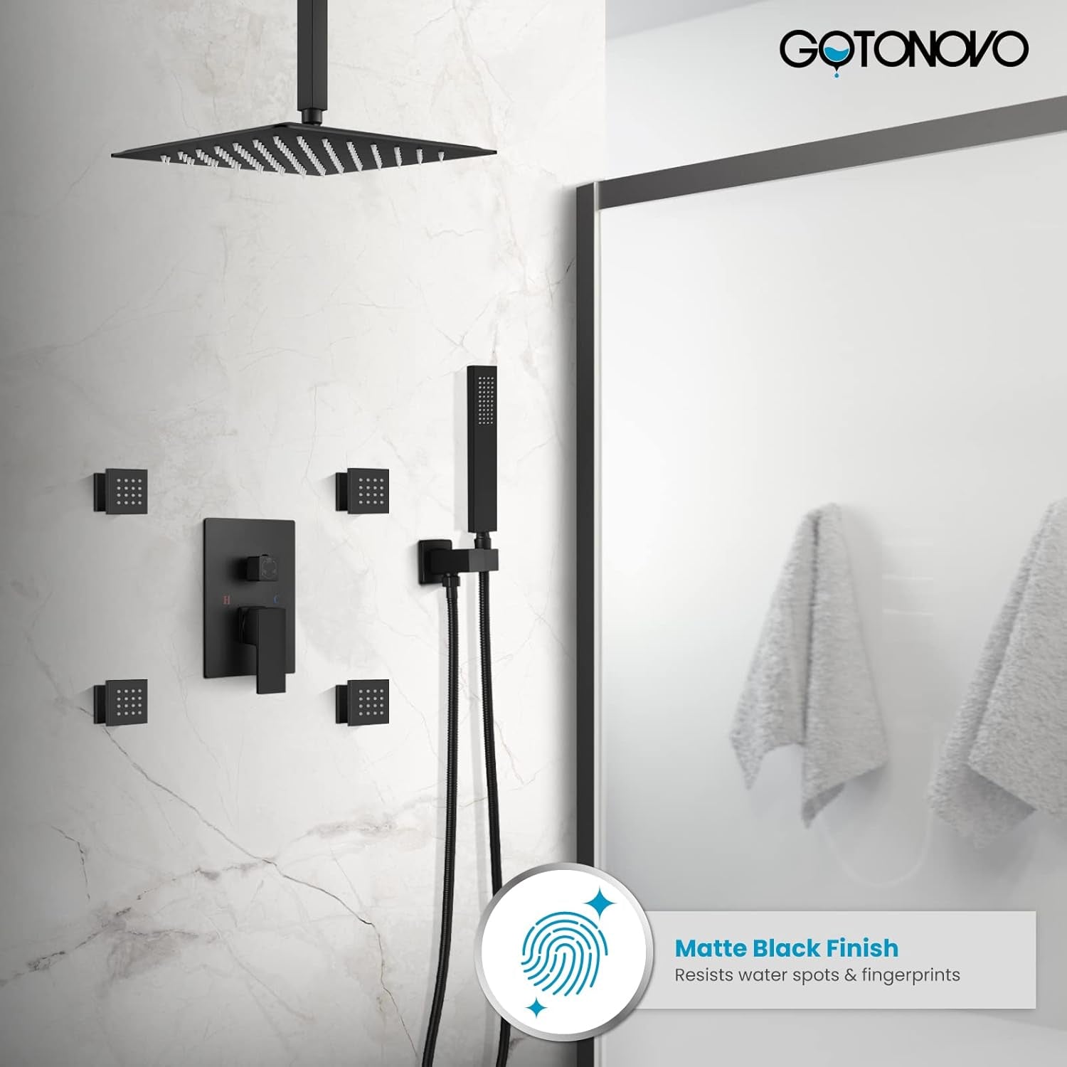 Ceiling Mount Rain Shower Faucet Set with 4 Body Spray Jets Rainfall Shower Head and Handheld Sprayer Multi Shower System Rough-In Valve and Trim Included 12 Inch Shower Head,Matte Black