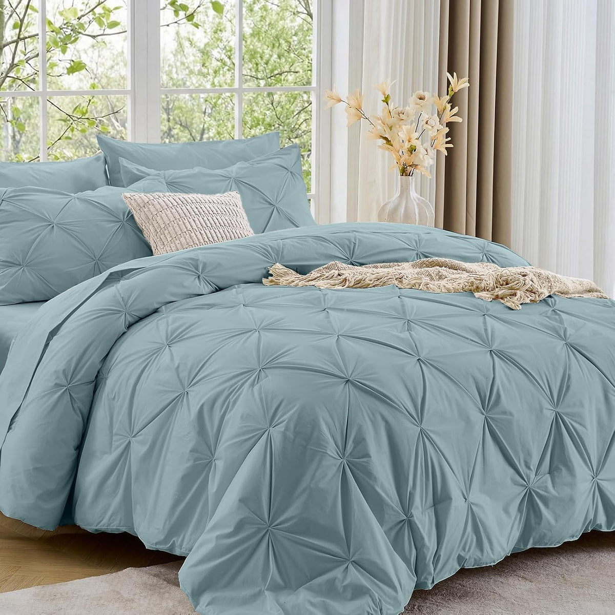 Queen Comforter Set, 7-Piece Bed in a Bag, Pintuck Bedding Sets for All Season, Includes Comforter, Flat Sheet, Fitted Sheet, Pillowcases and Pillowshams, Greylish Blue