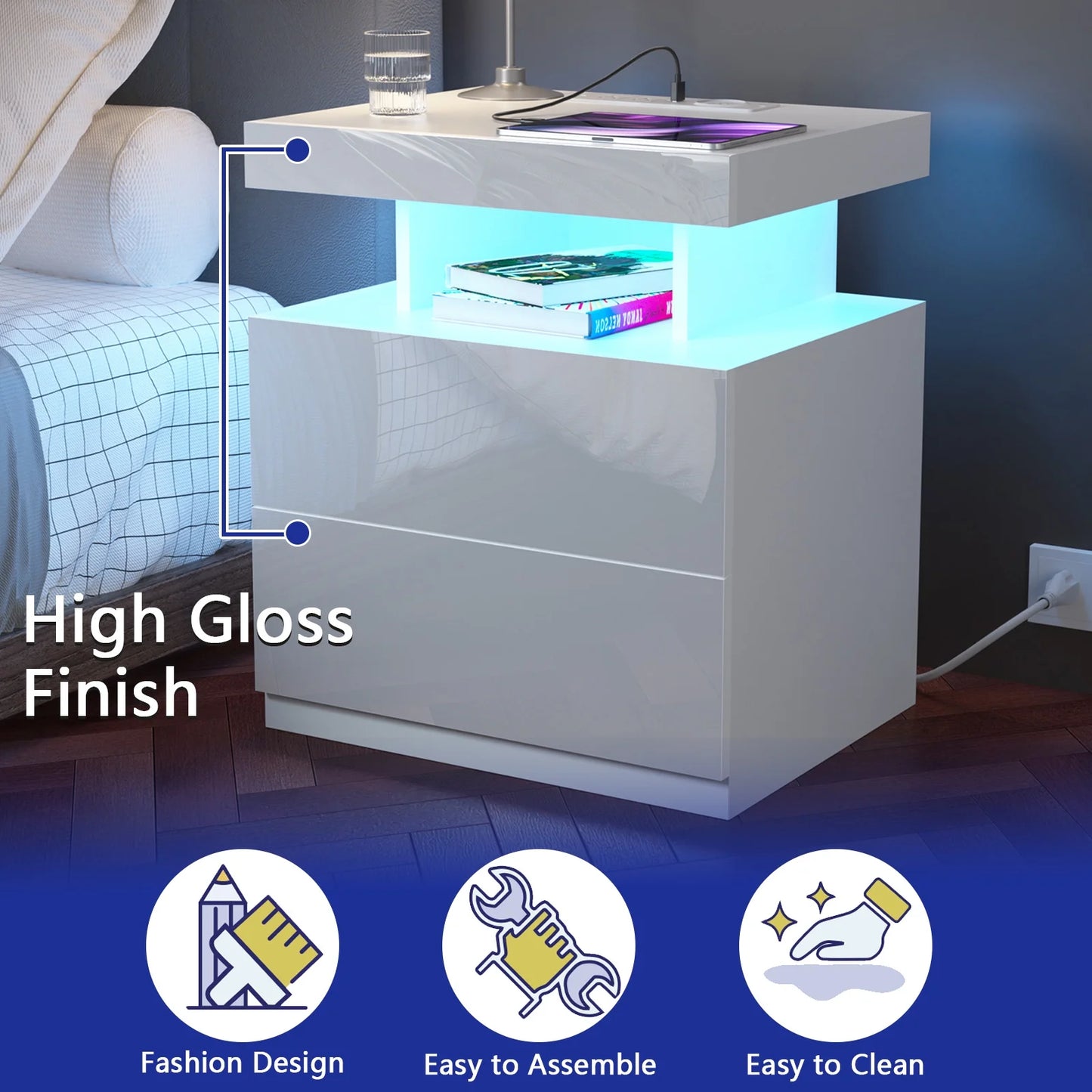LED Nightstand with Wireless Charging Station Modern Nightstand Type C USB Port 2 Drawers Bedside Table White Smart Night Table High Gloss End Side Table for Bedroom Furniture 22.3" Tall