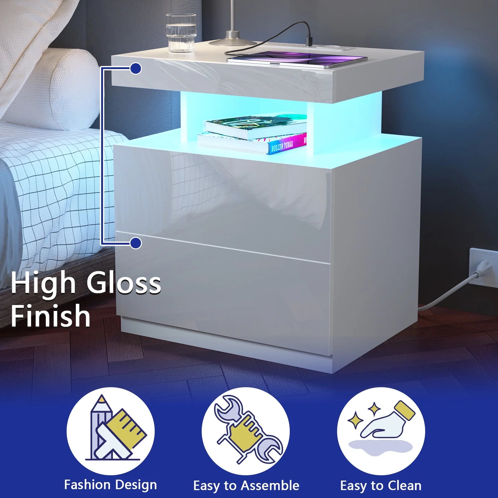 LED Nightstand with Wireless Charging Station Modern Nightstand Type C USB Port 2 Drawers Bedside Table White Smart Night Table High Gloss End Side Table for Bedroom Furniture 22.3" Tall