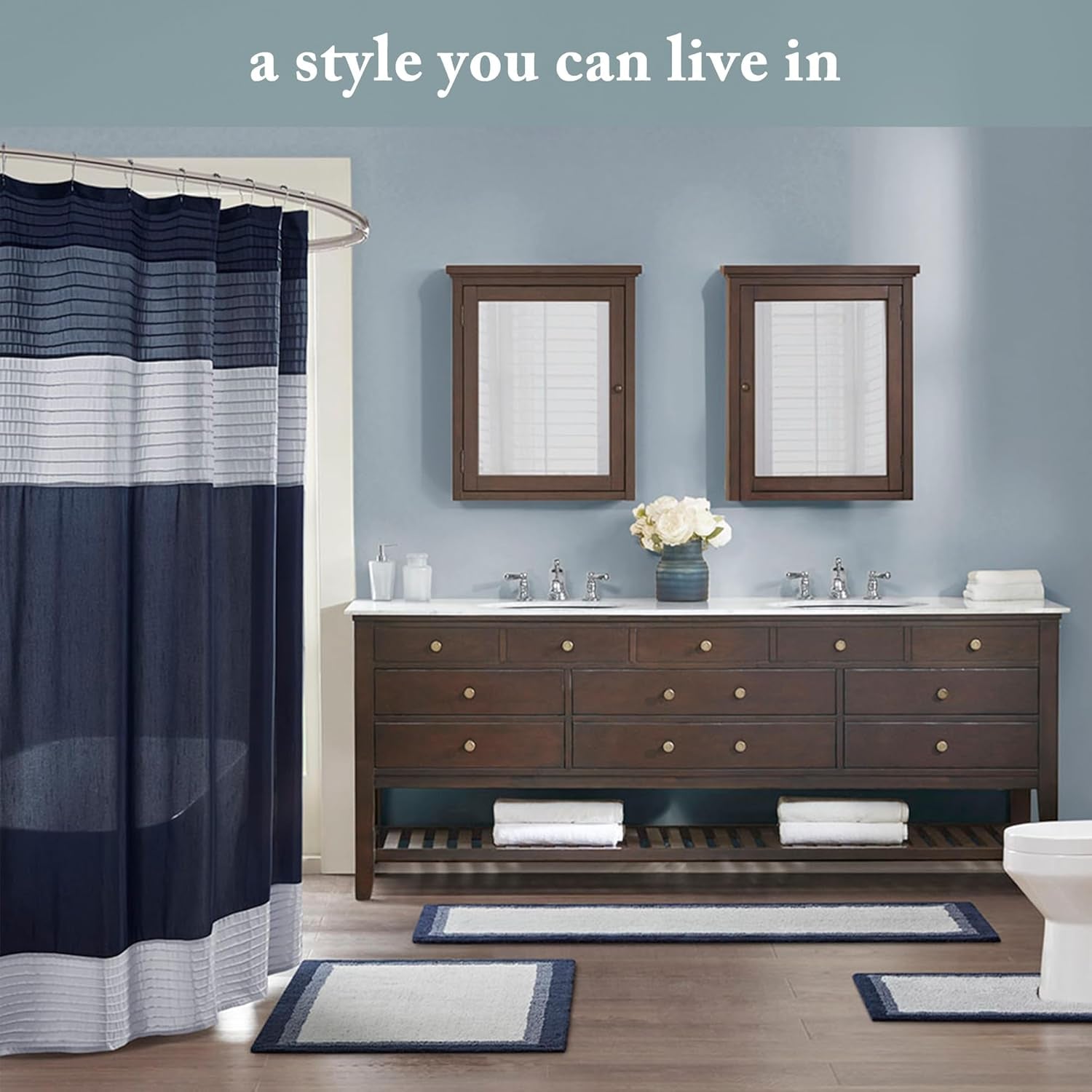 Amherst Bathroom Shower Curtain Faux Silk Pieced Striped Modern Microfiber Bath Curtains, 72X72 Inches, Aqua