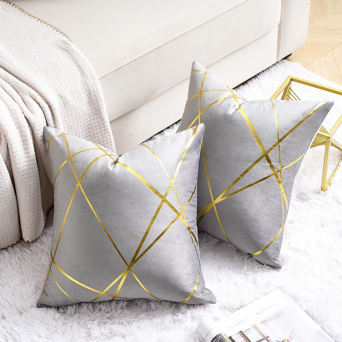 Grey Velvet Decorative Throw Pillow Covers 18X18 Modern Luxury Gold Bronzing Printed Super Soft Decorative Square Cushion Covers for Modern Homes Couch Sofa Bedroom Living Room