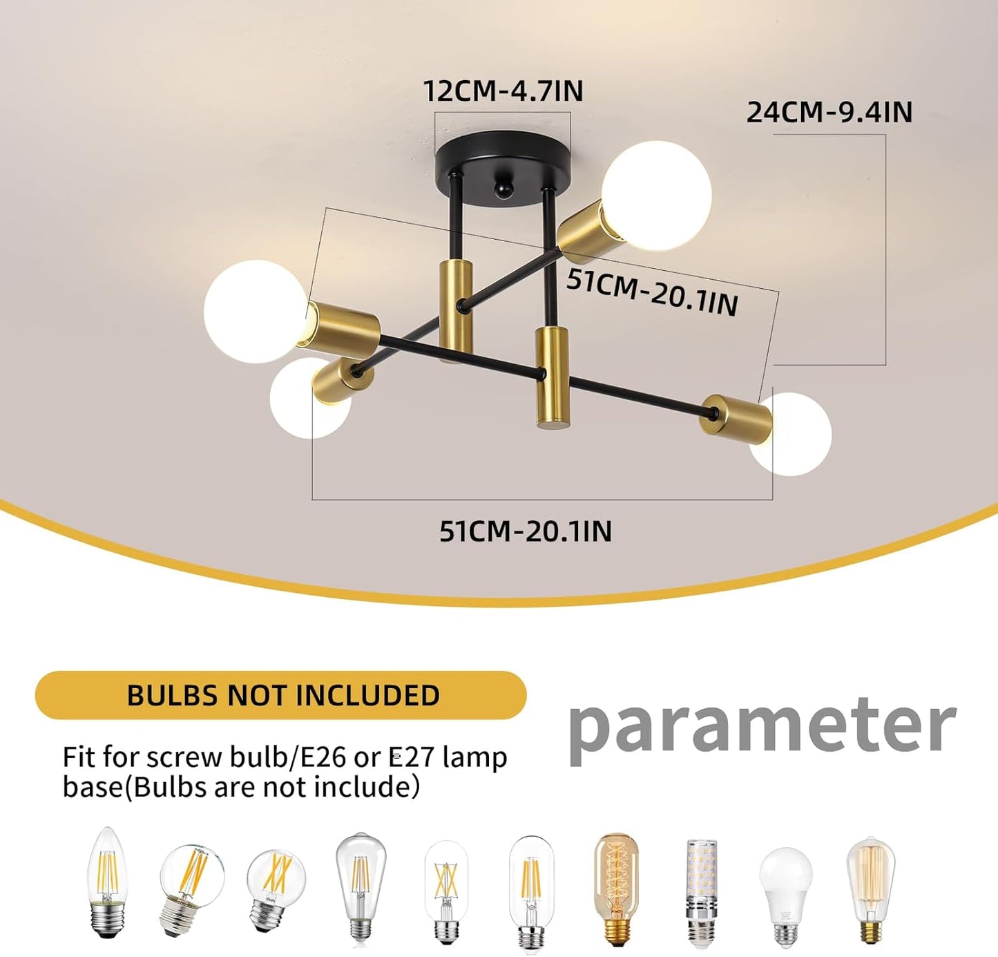 Lampara De Araña Negra Y Dorada Techo 18.5 Pulgadas Moderna Luz Para Sala Cocina