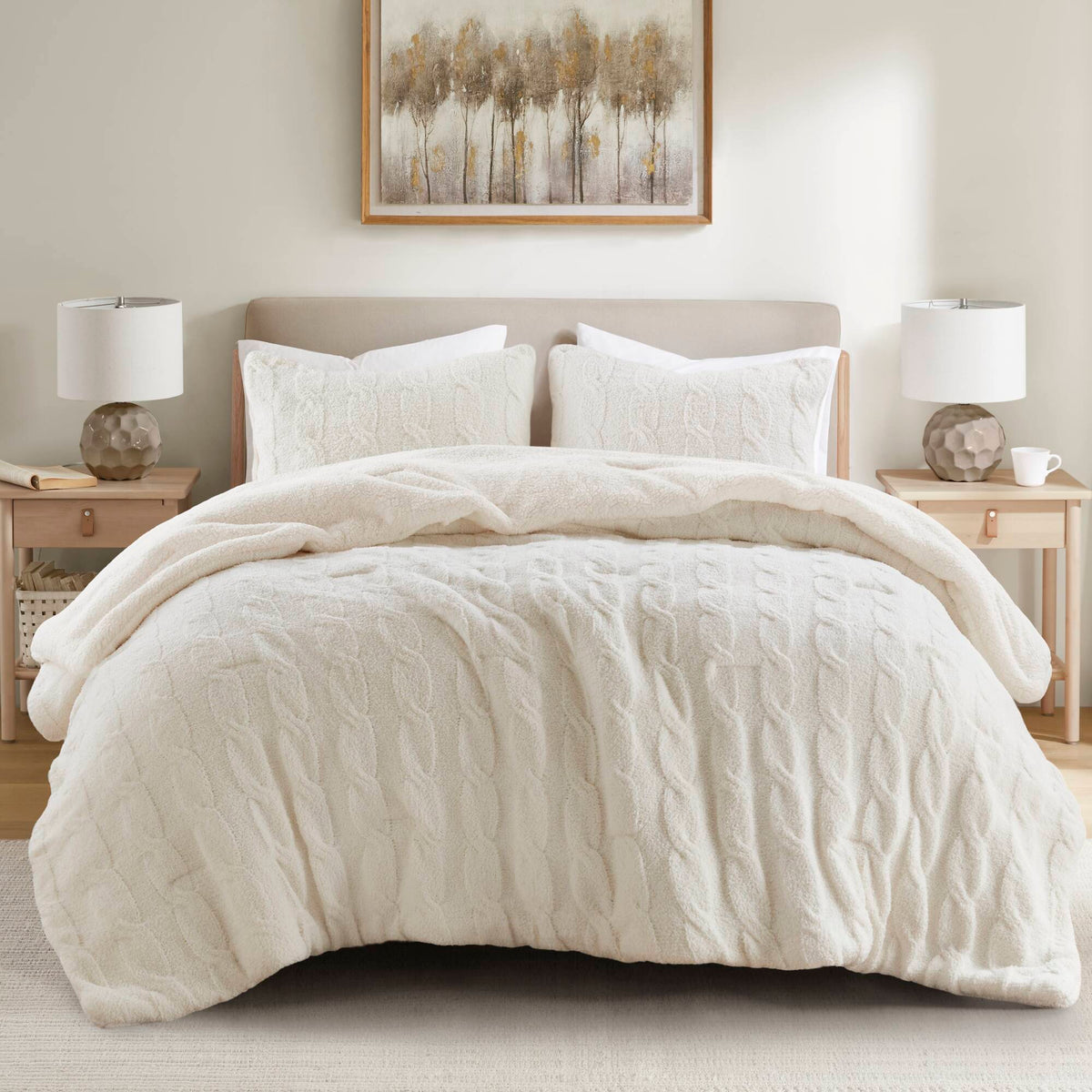 Soft Ivory Cable Knit Chenille Comforter Set-Twin