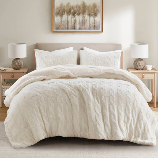 Soft Ivory Cable Knit Chenille Comforter Set-Twin