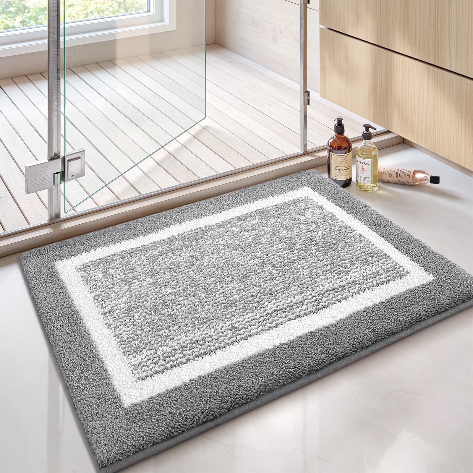 Bathroom Rug, Soft Absorbent Bathroom Mat and Bath Mat, Premium Microfiber Shag Bath Rug Machine Washable (16"X24",Grey and White)