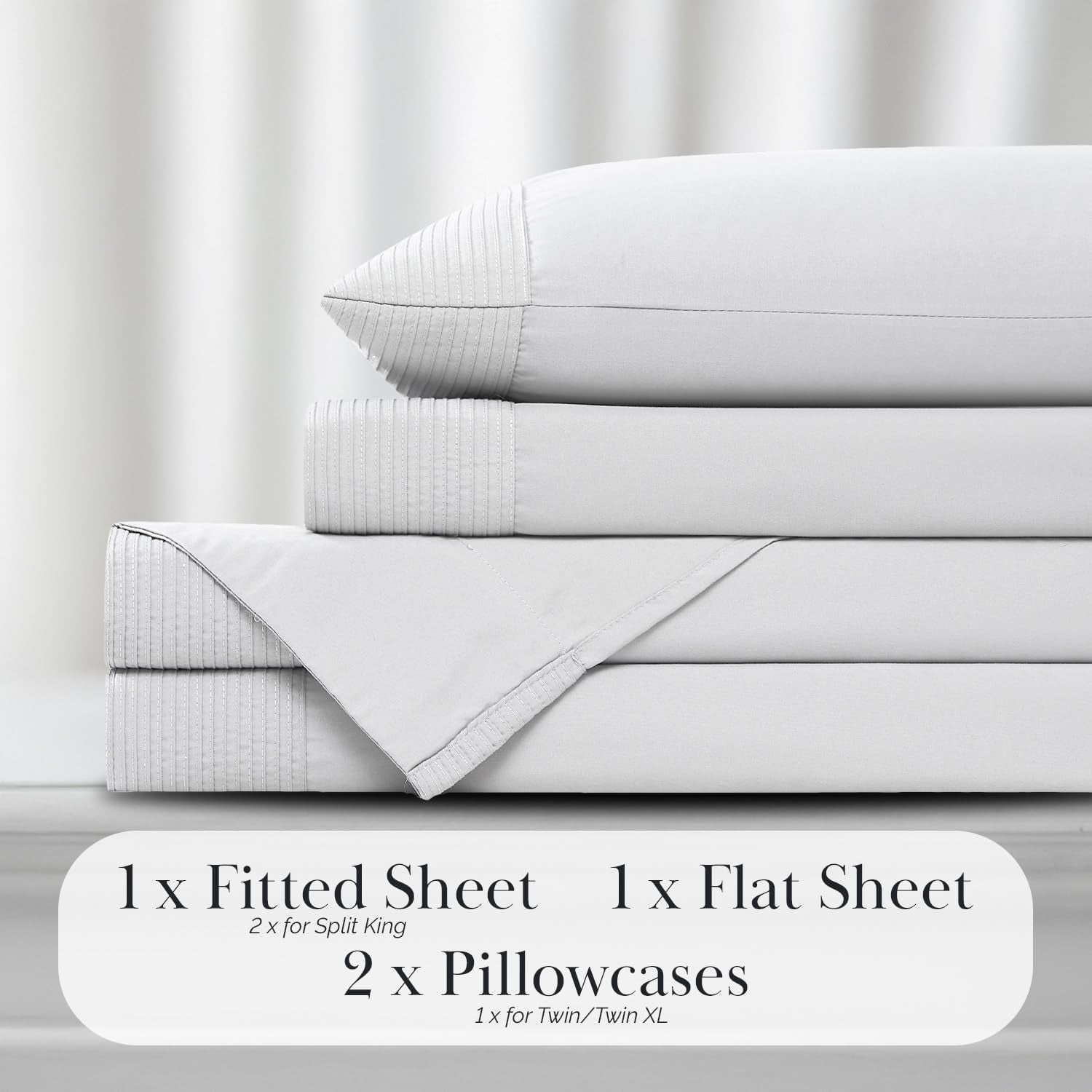 Southshore Fine Living Vilano Pleats, 4-Piece, 21-Inch Extra Deep Pocket Sheet, Queen Sheets with Flat Sheets and Pillowcase, Easy Care and Shrinkage-Free Deep Pocket Sheets, Sheet Set, Bright White