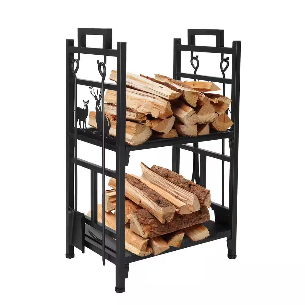 Log Storage Double Layer 30 In. Heavy-Duty Firewood Rack with Tools