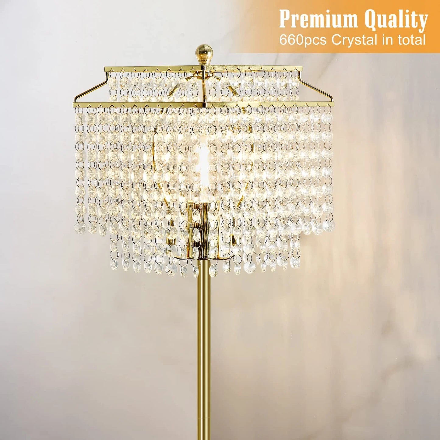 Gold Crystal Floor Lamp , Modern Standing Lamps with Double-Layer Lampshade, On-Off Foot Switch, for Living Room, Bedroom, Office, 8W Bulb Included