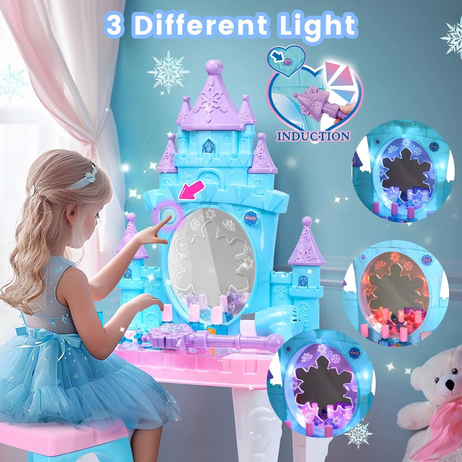 Toddler Makeup Table with Mirror and Chair, Kids Makeup Vanity Set with Accessories and Lights and Music Sounds, Makeup Accessories & Blowdryer for Toddlers 2-5 Years Old